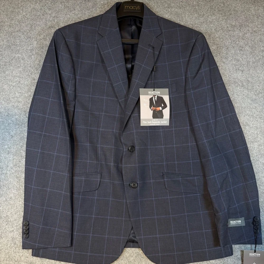 Kenneth Cole Reaction Men 42S Slim Fit Flex Suit Jacket Navy Windowpane CLOO1FJX